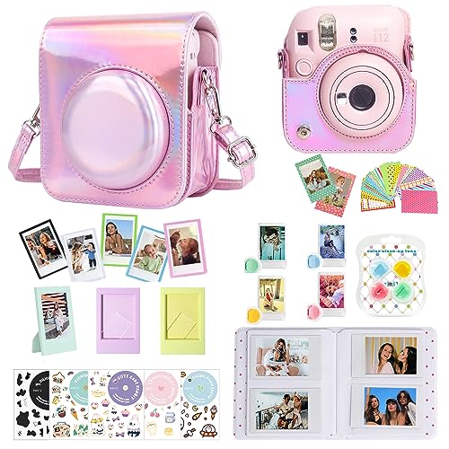 CAIYOULE Accessories for Fujifilm Instax Mini 12 Camera, Accessory Bundle Include PU Leather 12 Case, Mini Picture Album, Frames, DIY Stickers, Color Filter (No Camera) - Shiny Pink - Shiny Pink