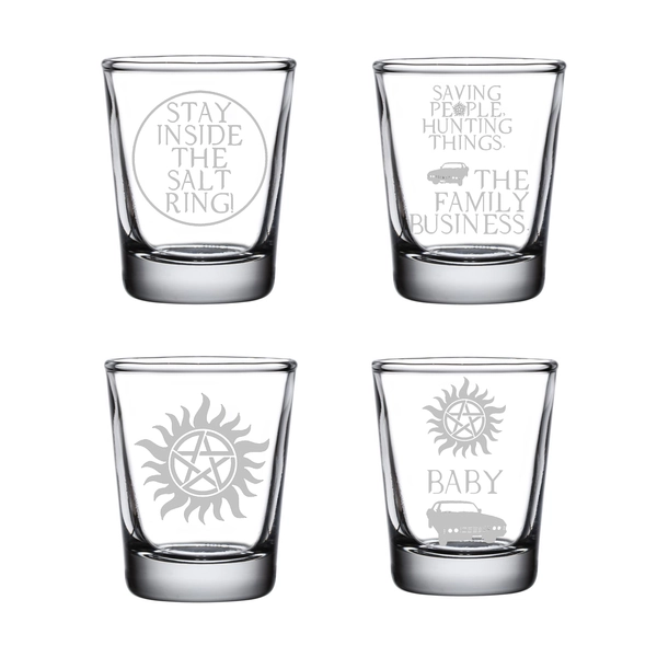 Supernatural Gift SPN Shot Glass Set of 4 Anti-Possession, Saving People Hunting Things ENGRAVED Supernatural Christmas gift