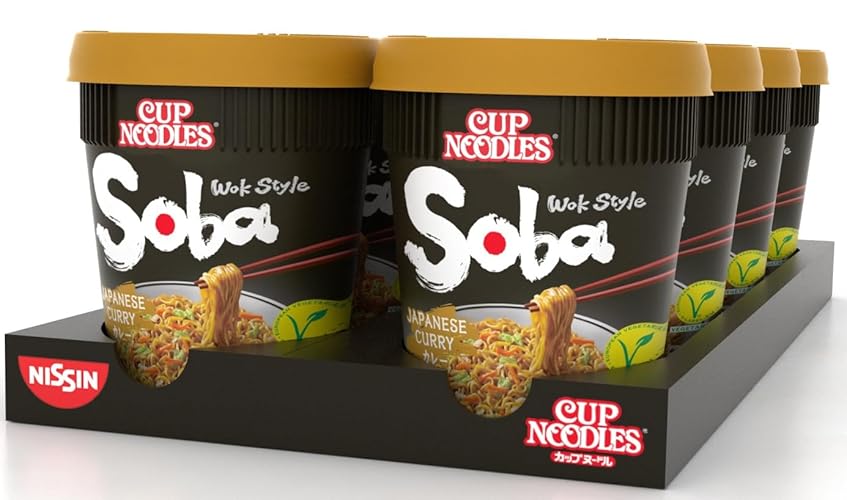 Nissin Cup Noodles Soba Cup - Japanese Curry, 8er Pack, Wok Style Instant-Nudeln japanischer Art mit Curry-Sauce und Gemüse, schnell im Becher zubereitet, asiatisches Essen, vegetarisch (8 x 90 g) - Single
