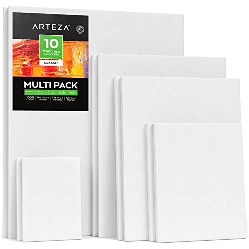 Arteza Stretched Canvas, Multipack of 10, 5 x 7, 8 x 10, 11 x 14, 12 x 16, 16 x 20 Inches – 2 of Each, 100% Cotton, 8 oz Gesso-Primed, Art Supplies for Acrylic Pouring and Oil Painting,White - 5x7", 8x10", 11x14", 12x16", 16x20" Set of 10