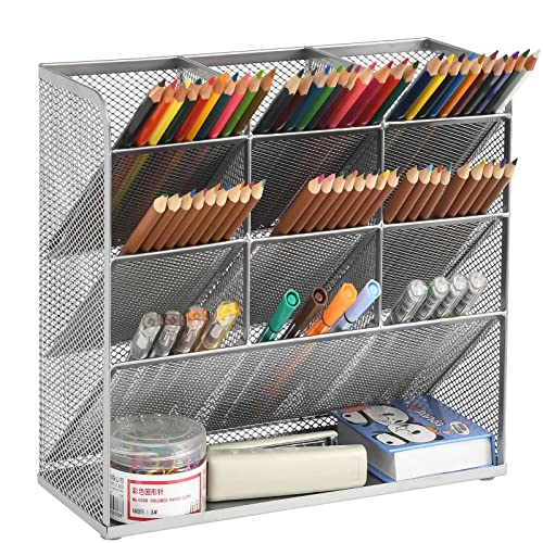 Marbrasse Mesh Desk Organizer, Multi-Functional Pen Holder, Pen Organizer for desk, Desktop Stationary Organizer, Storage Rack for School Home Office Art Supplies (Mesh Pen Holder-Silver) - Mesh Pen Holder-Silver
