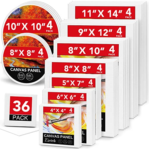 ESRICH Canvases for Painting 36Pack/9Size,Square Canvas with 4x4,6x6,8x8,Rectangle Canvas with 5x7, 8x10, 9x12, 11x14,Round Canvas with 8x8,10x10,Painting Canvas for Oil & Acrylic Paint - 36 Packs Canvas Panel - 9 Sizes(4 of Each)