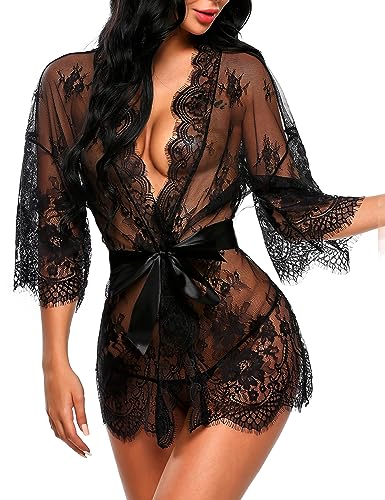 Avidlove Women's Lace Kimono Robe Babydoll Lingerie Mesh Nightgown S-5XL - 1black - Medium