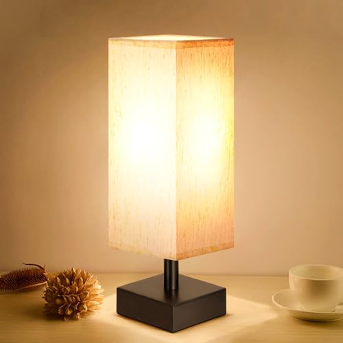 Small Table Lamp for Bedroom - Bedside Lamps for Nightstand, Minimalist Night Stand Light Lamp with Square Fabric Shade, Desk Reading Lamp for Kids Room Living Room Office Dorm - A-Beige - 13.2in-Inline Cord Switch
