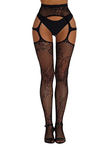 Verdusa Women's Fishnet Stockings Tights High Waist Lace Suspender Pantyhose - One Size - Cut Out Black