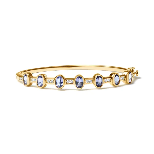 14K Yellow Gold 1/3 Cttw Round-Cut Diamond and 5MM Oval-Cut Blue Tanzanite Gemstone Bangle Bracelet (H-I Color, I1-I2 Clarity) - Size 7 Inches