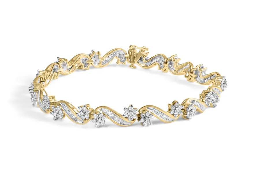 10k Yellow Gold 3.00 Cttw Round-Cut and Baguette-Cut Floral Link 7.25 Bracelet (I-J Color, I1-I2 Clarity)