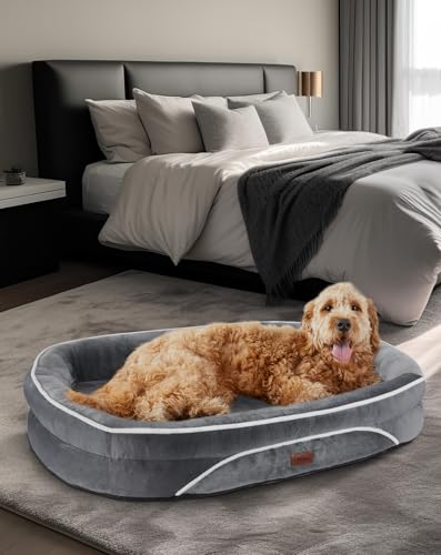 OhGeni Orthopedic Dog Bed for Extra Large Dogs, Dog Couch Design with Egg Foam Support, Removable, Washable Plush Cover and Non-Slip Bottom with Four Sided Bolster Cushion (Gray) - X-Large (42 x 31 x 7 Inch) - Gray