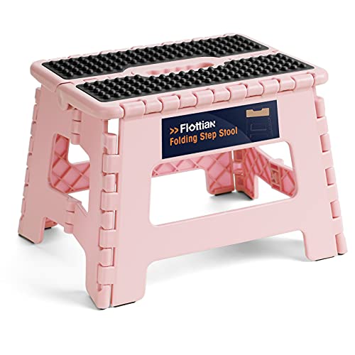 Flottian 9" Folding Step Stool for Adults and Kids Holds Up to 300 lbs,Non-Slip Folding Stools with Portable Handle, Compact Plastic Foldable Step Stool for Bathroom,Bedroom, Kitchen Sakura Pink - Sakura Pink - 9 inch