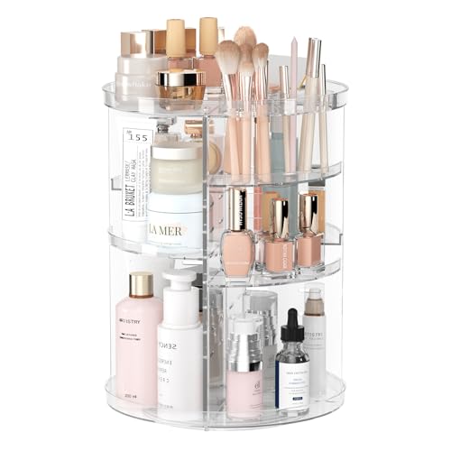 Rotating Makeup Organizer, DIY 8 Adjustable Layers Spinning Skincare Organizer, Cosmetic Display Case with Brush Holder Perfume Tray, Multi-Function Storage Carousel for Vanity Bathroom Countertop - Clear