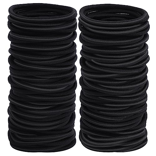 Sderoq 100pcs Womens Elastics Hair Tie, 4MM Black Ponytail Holders Hair Bands, 2 Inch in Diameter Elastic Band for Medium to Thick Hair (4mm Black) - Black