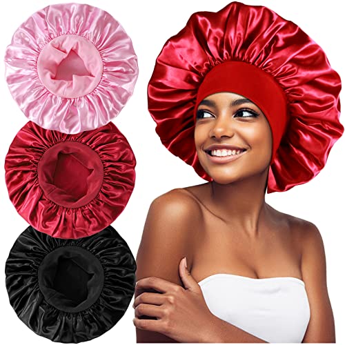 3PCS Extra Large Satin Bonnets for Sleeping, Hair Bonnets for Black Women Braids Curly Hair, A - C-black, Rose Gold, Leopard