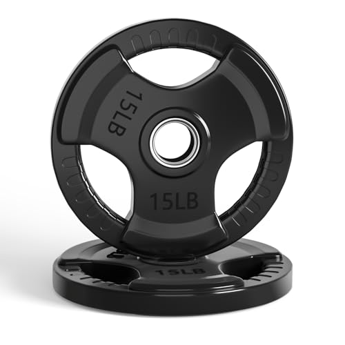 LIONSCOOL 2-Inch Rubber Coated Olympic Grip Plate in Pairs or Single for Strength Training, Weightlifting and Bodybuilding, Solid Cast Iron Weight Plates for Barbell, 2.5-45LBS, One Year Warranty - 15LB PAIR