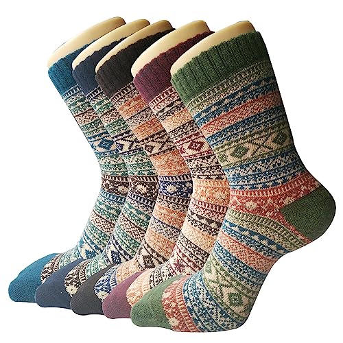 5 Pack Womens Wool Socks Winter Warm Socks Thick Knit Cabin Cozy Crew Soft Socks Gifts for Women - Large - A-blue/Dark Blue/Brown/Red/Green