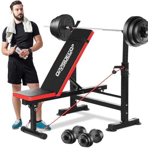 OPPSDECOR 6 in 1 600lbs Weight Bench Set with Squat Rack, Bench Press Set with Barbell Rack, Adjustable Incline Strength Training Workout Bench with Leg Developer Preacher Curl for Home Gym PXZXYX1 - Scarlet