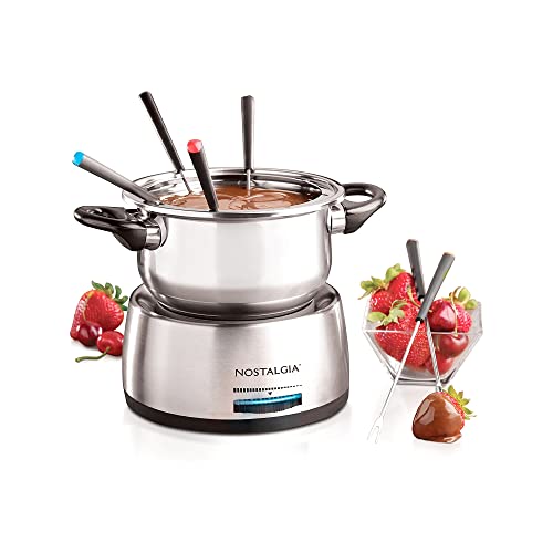 Nostalgia 6-Cup Electric Fondue Pot Set for Cheese & Chocolate - 6 Color-Coded Forks, Adjustable Temperature Control - Stylish Serving for Hors d'Oeuvres, Entrees, and Desserts - Stainless Steel - 6 Cup Stainless