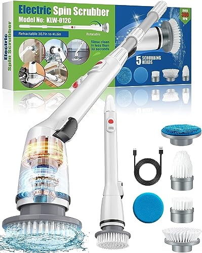 Electric Spin Scrubber with 5 Replaceable Cleaning Brush Heads, 360-degree Cordless Scrubber for Bathroom, Tub, Tile, Floor, and Car - Adjustable Extension Arm for Hard-to-Reach Areas