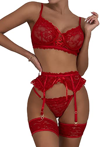 FAIRYMEI Lingerie for Women 3 Piece Lingerie Set with Garter Belt Bra and Panty Sets Sexy Lace Bodydoll Teddy Lingerie… - Large - Red