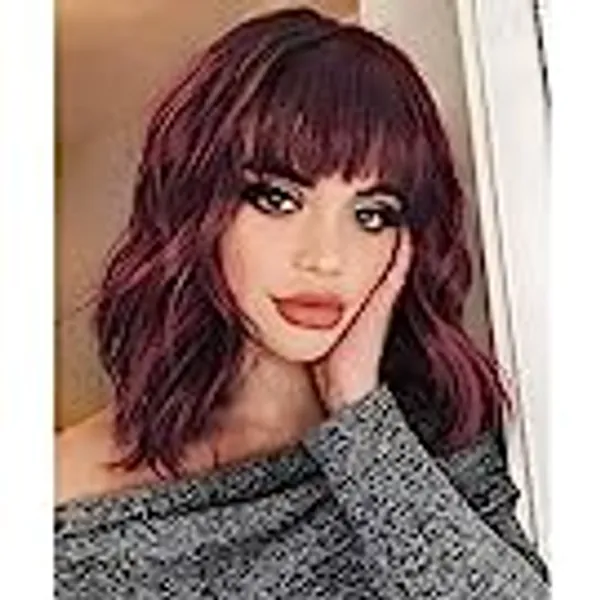 AISI HAIR Synthetic Curly Bob Wig with Bangs Short Bob Wavy Hair Wigs Wine Red Color Wigs for Women Bob Style Synthetic Heat Resistant Bob Wigs