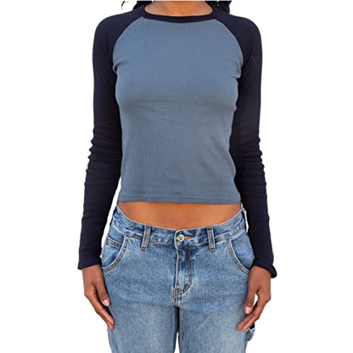 Womens Blue and Black Long Sleeve Raglan Top
