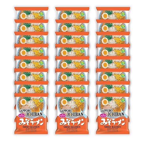 [SAPPORO ICHIBAN] Miso Flavor Ramen Noodles, No. 1 Tasting Japanese Instant Noodles (3.5 Oz. x 24 pouches) - Miso Flavor