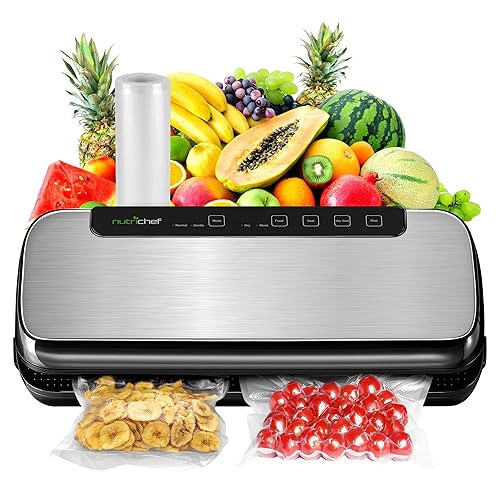 NutriChef Food Vacuum Sealer Machine, Stainless Steel Automatic Air Sealing System for Dry/Moist Foods, LED Touch Controls, Includes Vacuum Hose, Bag Roll and Wine Stopper, 110W Suction Power, 14"x6" - Stainless Steel - 14.1"L x 6"W x 3"H