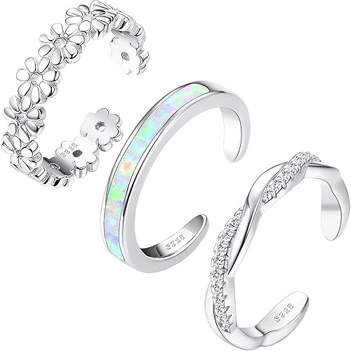 FIASASO 3Pcs 925 Sterling Silver Toe Rings for Women Adjustable 14K White Gold Plated Flower Twist Opal Band Rings Summer Beach Open Toe Rings Foot Jewelry Set - Silver