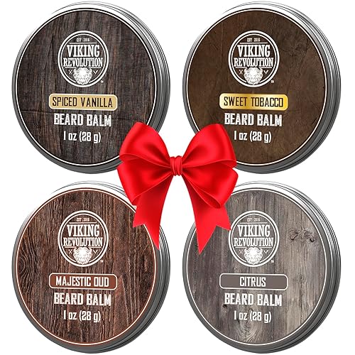 Viking Revolution 4 Beard Balm Variety Pack (1oz Each)- Spiced Vanilla, Sweet Tobacco, Majestic Oud, Citrus - Beard Butter Styles, Strengthens and Softens Beards and Mustaches - Beard Wax for Men - Vanilla,Tobacco,Oud,Citrus
