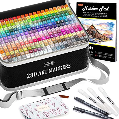 Shuttle Art 280 Colors Dual Tip Alcohol Based Art Markers, 279 Colors Permanent Marker Plus Colorless Blender, Micro-tip Pens, White Highlighter Pens, Marker Bag with Holders for Kids Adult Coloring - 280 Colors