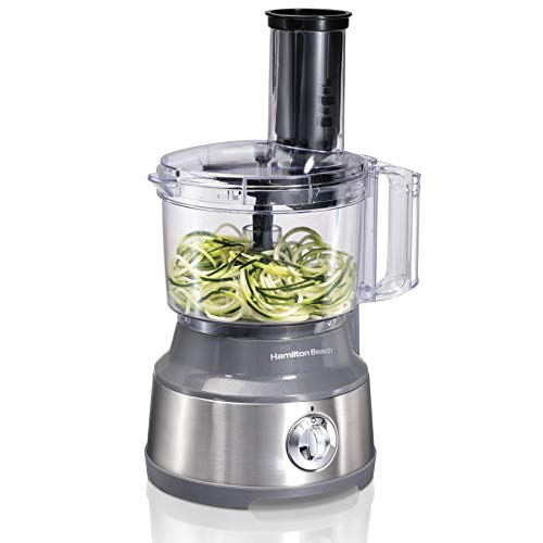 Hamilton Beach Food Processor & Vegetable Chopper for Slicing, Shredding, Mincing, and Puree, 10 Cups + Veggie Spiralizer makes Zoodles and Ribbons, Grey and Stainless Steel (70735) - Grey and Stainless Steel - 10 Cups + Veggie Spiralizer makes Zoodles and Ribbons