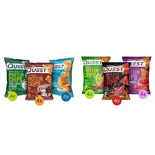 Quest Nutrition Protein Chips Variety Pack, (BBQ, Cheddar & Sour Cream, Sour Cream & Onion) & Tortilla Style Protein Chips, Spicy Variety Pack, Chili Lime, Hot & Spicy - Variety Pack + Protein Chips - 1.1 Ounce (Pack of 12)