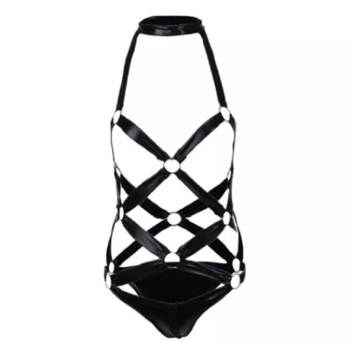 Top Totty Dancer Saucy Role Play Erotic Dominatrix Hollow Out Straps Open Cup Metal Ring Bodysuit, Black, One Size