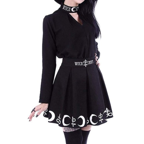 Women Girls Short High Waist Pleated Flared Skater Tennis School Skirt Gothic Punk Moon Printed Mini Skirt Black