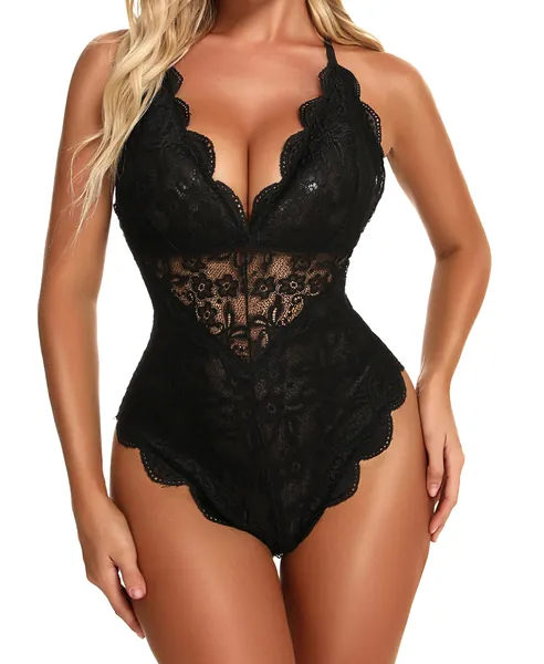 Women Lace Teddy Lingerie Bodysuit - XX-Large Black