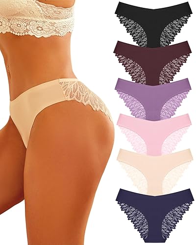 FINETOO Seamless Slips Damen Nahtlose Unterwäsche Spitzen Hipster Frauen Sexy V Waisted Unterhosen Angenehme Panties Passform 6er Pack S-XL - A-6er - S