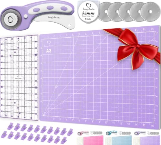 Rotary Cutter Set pink - Quilting Kit incl. 45mm Fabric Cutter, 5 Replacement Blades, A3 Cutting Mat, Acrylic Ruler and Craft Clips - Ideal for Crafting, Sewing, Patchworking, Crochet & Knitting x - Lavender - Cutting Mat Set (18" x 12")