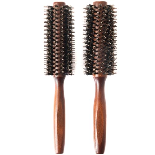 Boar Bristle Round Hair Brush Set with Nylon Pin, Wooden Handle for Straightening Curling Volumizing and Detangling (2 in 1)