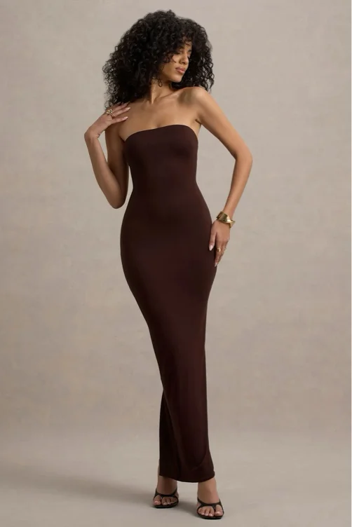 BROWN BANDEAU BODYCON MAXI DRESS