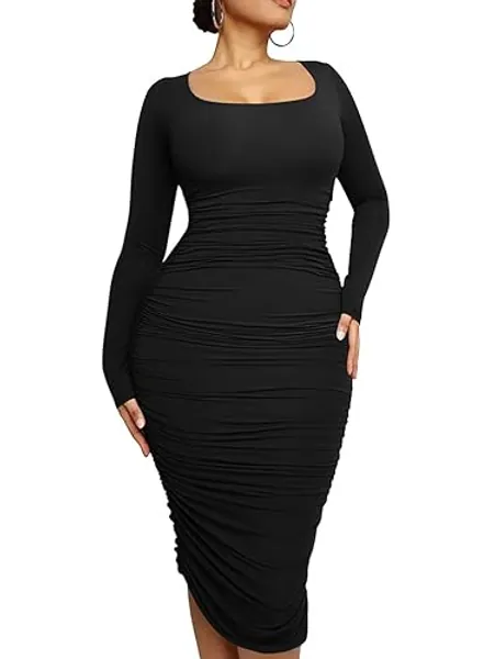 LAGSHIAN Women's Plus Size Sexy Bodycon Long Sleeve Scoop Neck Ruched Basic Midi Party Dress - 4X-Large Plus - Black