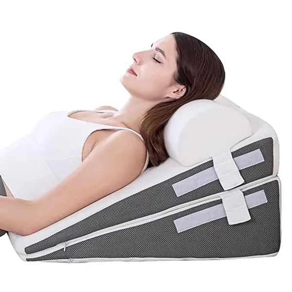 GOHOME Wedge Pillow Set for After Surgery, 3-Piece Adjustable Memory Foam Bed Wedge Pillow for Sleeping - Snoring, Acid Reflux, Neck Pain and Back Pain, White and Grey - White & Grey - 9 & 12 In (3 Set)