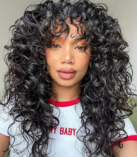 GKtineke-Curly-Wig Big-Curly-Wigs-for-White-Black-Women 20 Inch- Long-Curly-Afro-Wig-with-Bangs Synthetic-Hair-Replacement-Wigs-for- Cosplay and Daily (Natural Black) - black