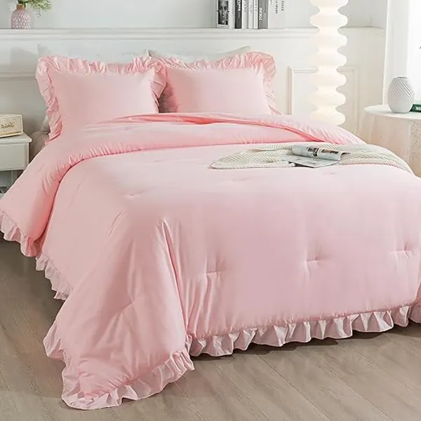 Andency Pink Ruffle Comforter King, 3 Pieces Solid Farmhouse Shabby Chic Comforter, Vintage Rustic Lightweight Soft Microfiber Bedding Set All Season (104x90Inch Comforter) - Pink - King