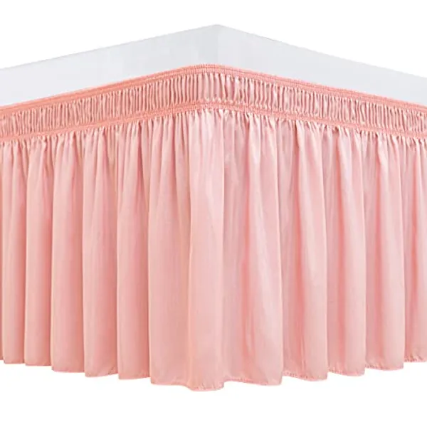 Biscaynebay Wrap Around Bed Skirts for Queen Beds 15 Inches Drop, Pink Elastic Dust Ruffles Easy Fit Wrinkle & Fade Resistant Silky Luxurious Fabric Solid Machine Washable - Queen-15" Drop - Pink