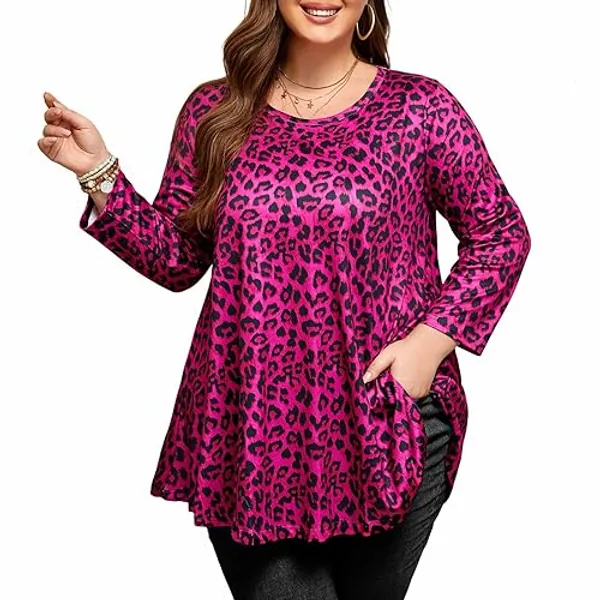 splensive Womens Tunic Tops 3/4 Sleeve Plus Size Crew Neck Swing Flare Loose Fit T-Shirt Blouses to Wear with Leggings - 6X-Large - Plus Size Tunic Hot Pink Leopard