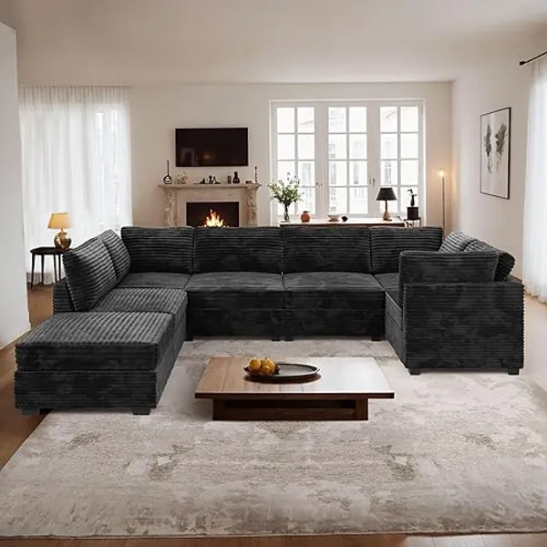 ovios 130.7" Modular Sectional Sofa Couch, U-Shaped Minimalist Couches with Sofa Bed Chaise, Modern Deep Seat Cloud Plush Corduroy Sofas Set for Living Room, 7 Seater, Black - 7-Seats, Sofa Bed - Black