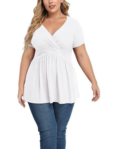 TIANZHU Women's Plus Size Dressy Tops Wrap Shirt Short Sleeve Tunic Top V Neck Low Cut Cute Blouse - 5X-Large - White