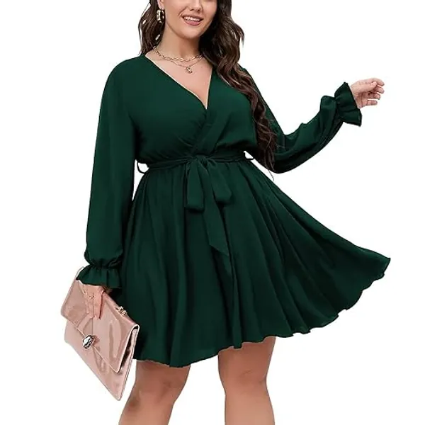SCOMCHIC Women's Plus Size Long Sleeve Wrap V Neck Tie Waist A Line Mini Dress - 4X-Large Plus - Emerald Green