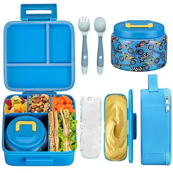 JXXM Bento Lunch Box for Kids With 8oz Soup thermo,Leak-proof Lunch Containers with 5 Compartment,thermo Food Jar and Lunch Bag, Food Containers for School (A-Blue(Extreme Locomotive)) - A-Blue(Extreme Locomotive)
