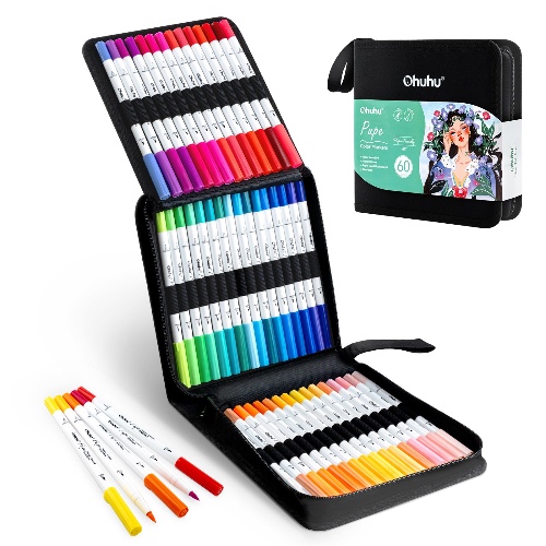 Ohuhu Pupe Paper-friendly (No Peeling) Brush and Fineliner Dual Tips 60 Colors Water-based Coloring Markers | US Warehouse to USA Only