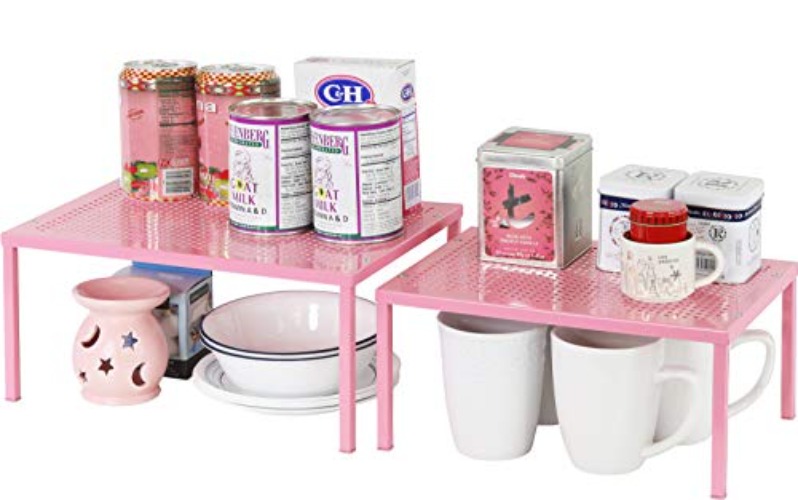 SimpleHouseware Expandable Stackable Kitchen Cabinet and Counter Shelf Organizer, Pink - Metal Top - Pink